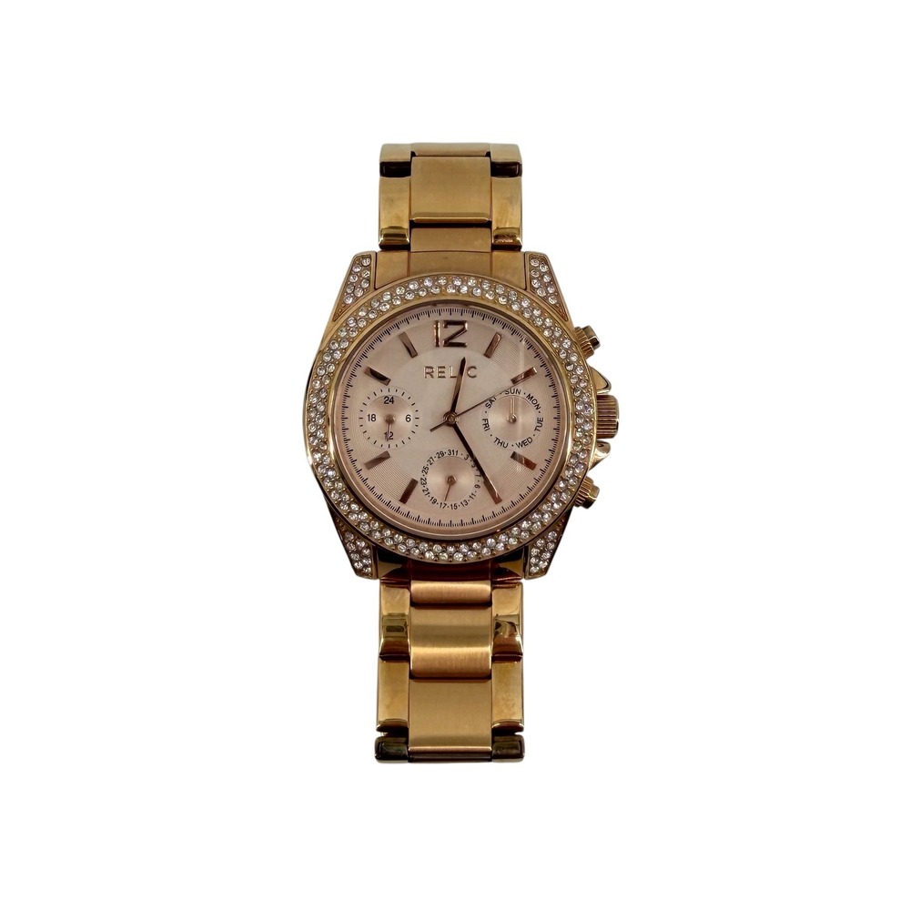 Relic by Fossil Womens Rose Gold Tone Crystal Bezel Multi Function Watch ZR15824
